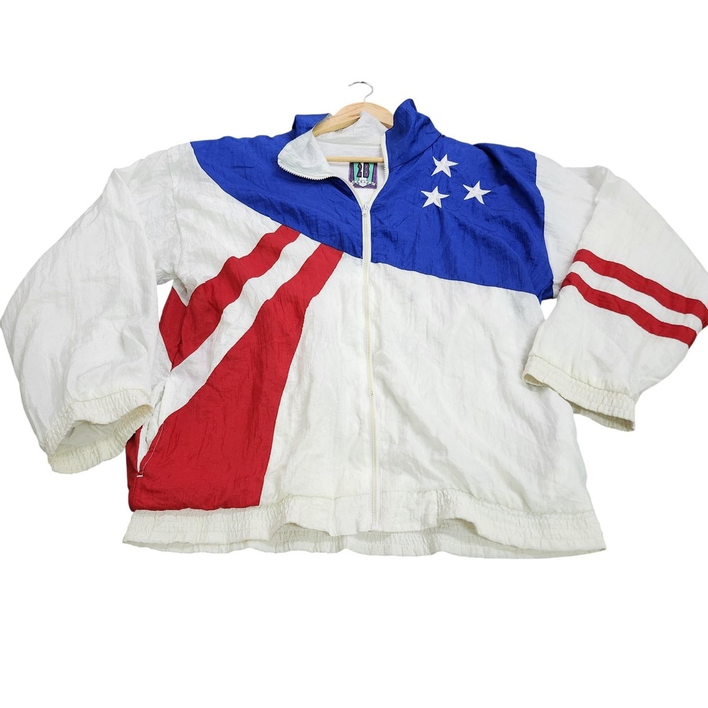Vintage 2B Active Windbreaker Jacket XL White Blue Red Stars Stripes 90s Zip Up